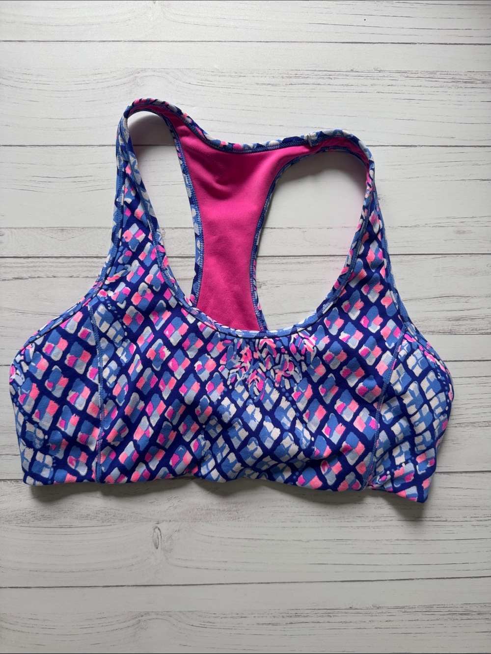 Lilly Pulitzer Luxletic Patterned Racerback Sports Bra in Blue and Pink